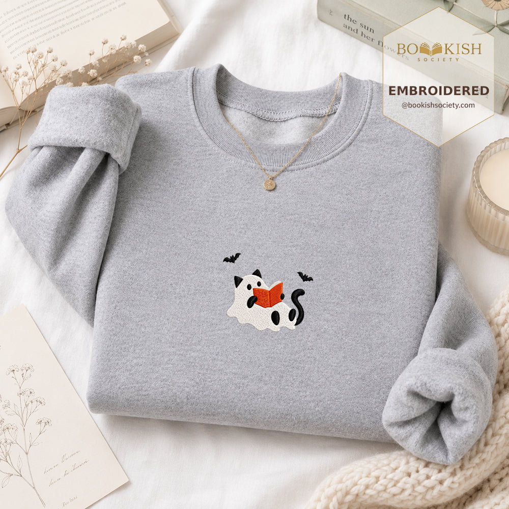 Reading Ghost Cat Embroidered Sweatshirt | Spooky Halloween Reader Gift Sport Grey