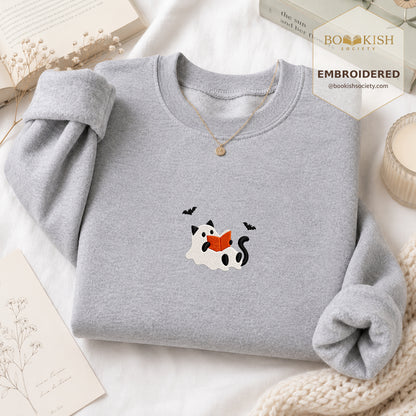 Reading Ghost Cat Embroidered Sweatshirt | Spooky Halloween Reader Gift Sport Grey