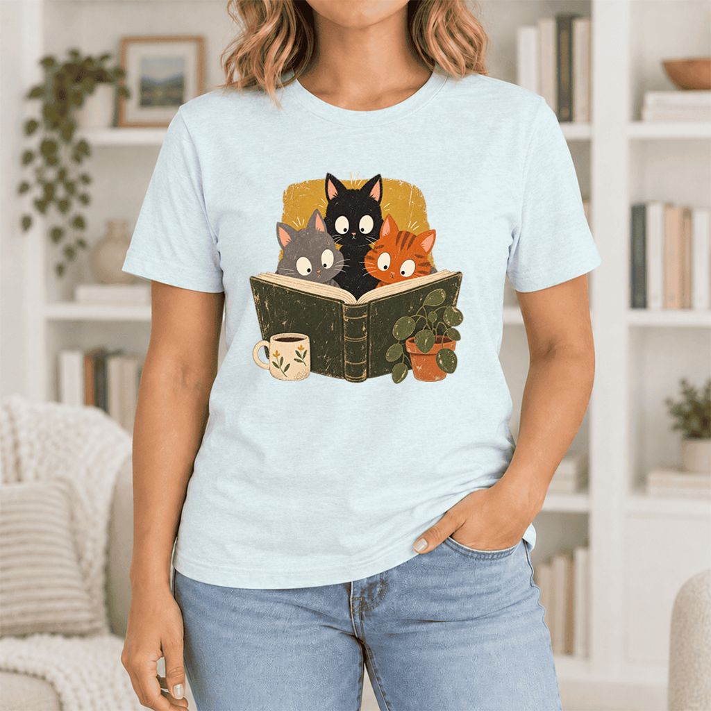 Curious Reading Cats Ultra-Soft Cotton T-Shirt | Cat Lover Reader Gift Heather Ice Blue