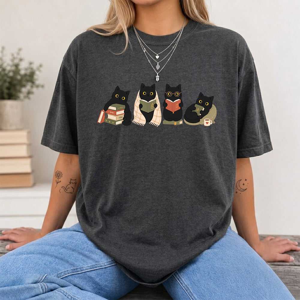 Black Cats Reading Softstyle T-Shirt | Book Lover Gift Dark Heather