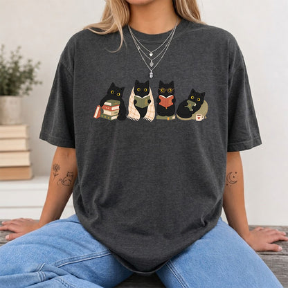 Black Cats Reading Softstyle T-Shirt | Book Lover Gift Dark Heather