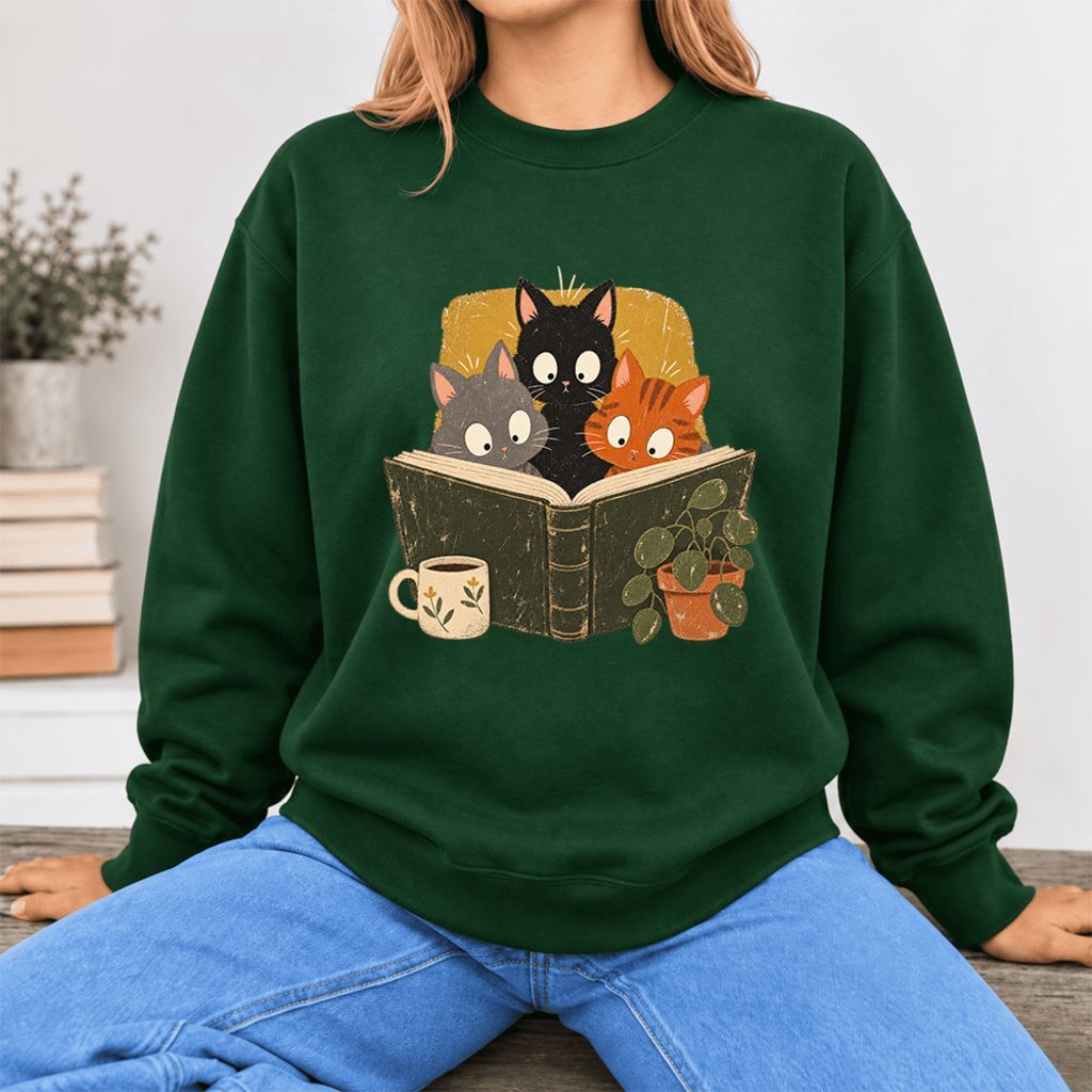 Curious Reading Cats Softstyle Sweatshirt | Cozy Book Lover Gift Forest Green
