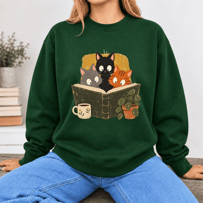 Curious Reading Cats Softstyle Sweatshirt | Cozy Book Lover Gift Forest Green
