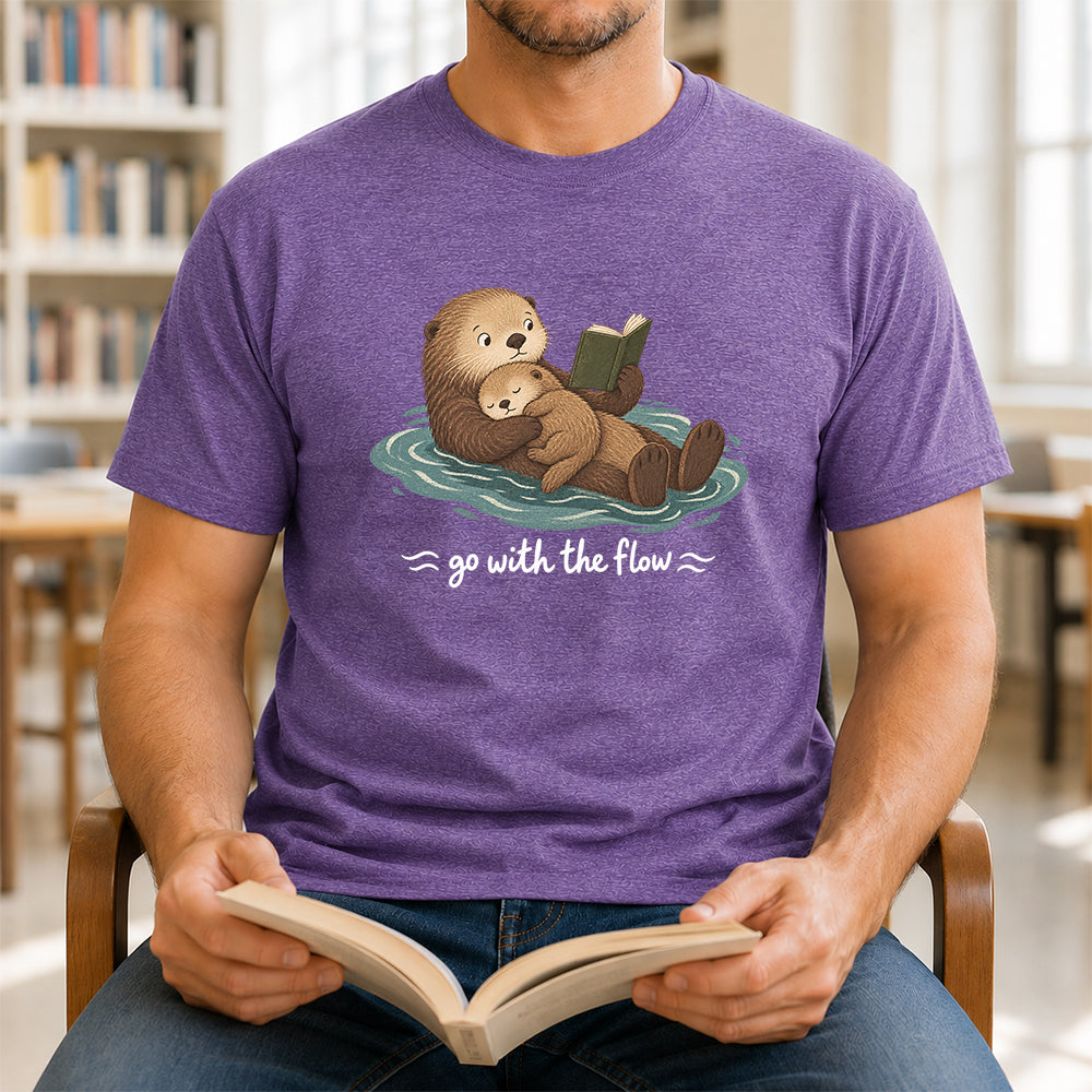 Go With The Flow Otter Reading Softstyle T-Shirt | Book Lover Gift Heather Purple