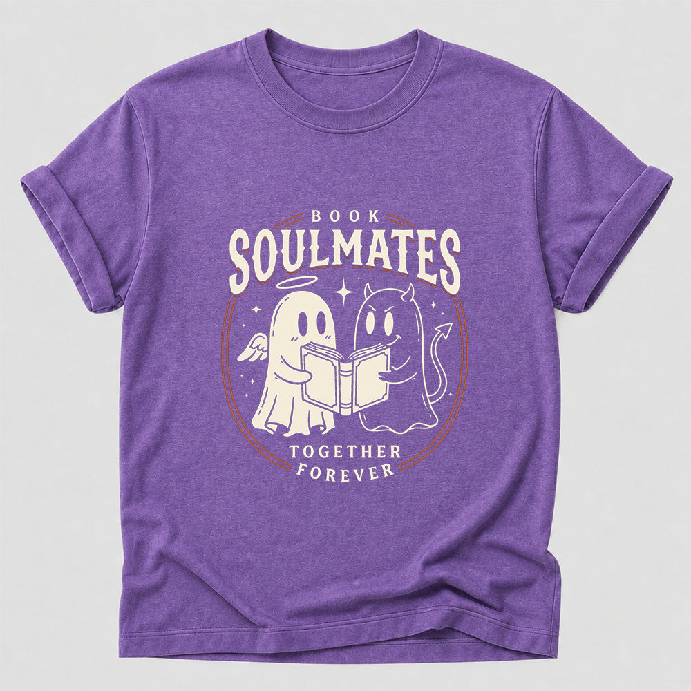 Book Soulmates Together Forever Printed T-Shirt | Halloween Book Lover Gift Heather Purple