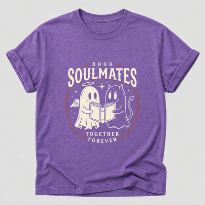 Book Soulmates Together Forever Printed T-Shirt | Halloween Book Lover Gift Heather Purple