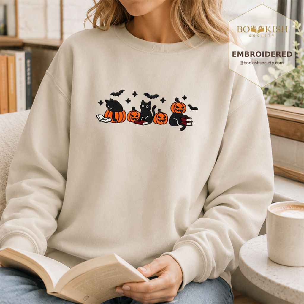 Black Cats And Halloween Embroidered Sweatshirt | Spooky Book Lover Gift Sand