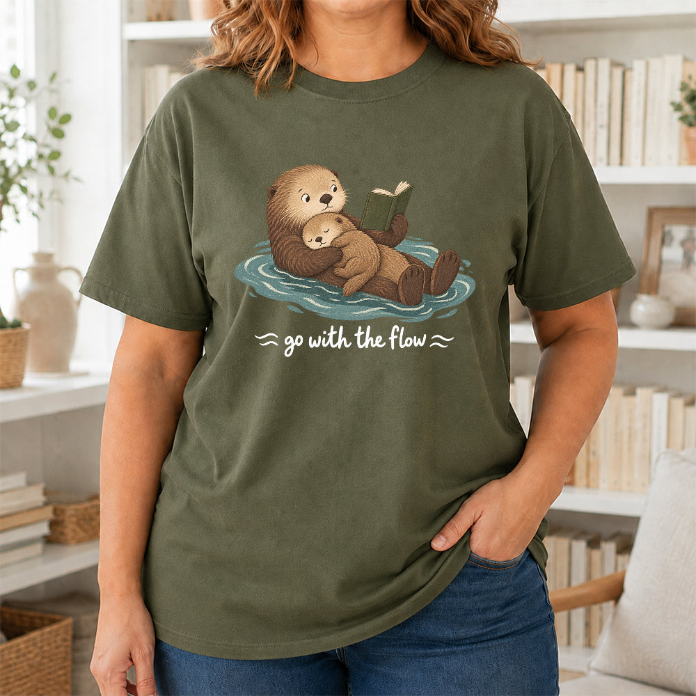 Go With The Flow Otter Reading Softstyle T-Shirt | Book Lover Gift Military Green