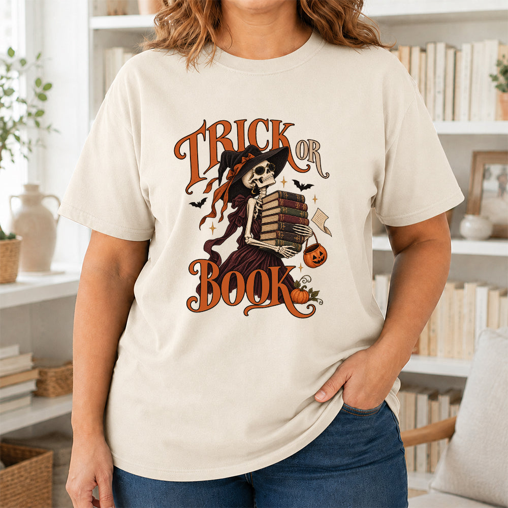 Trick Or Book Lady Printed T-Shirt | Halloween Book Lover Gift Natural