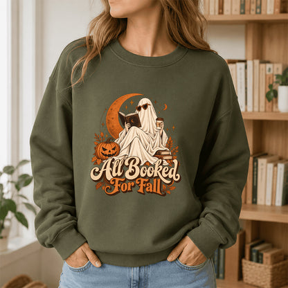 All Booked For Fall Crewneck Sweatshirt | Halloween Reader Gift Military Green