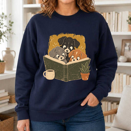 Minimal Japanese Dogs Reading Crewneck Sweatshirt | Reader Gift Navy
