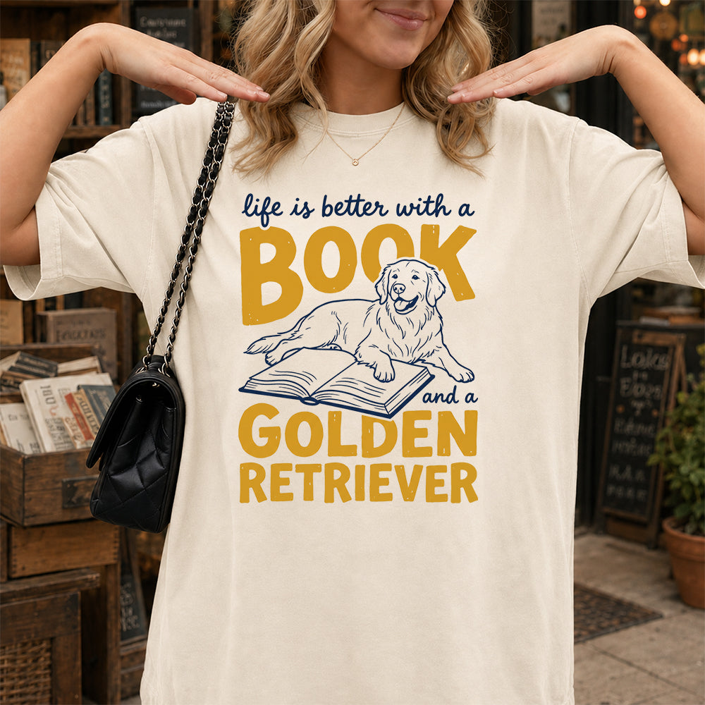 Life Is Better With A Book And A Golden Retriever Softstyle T-Shirt | Book Lover Gift Natural