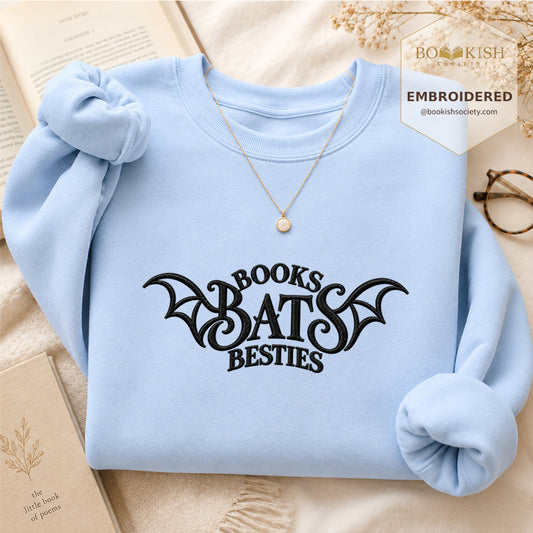 Books Bats Besties Embroidered Sweatshirt | Halloween Book Lover Gift Light Blue