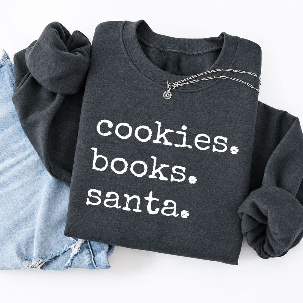 Cookies Books Santa Softstyle Sweatshirt | Christmas Book Lover Gift Dark Heather