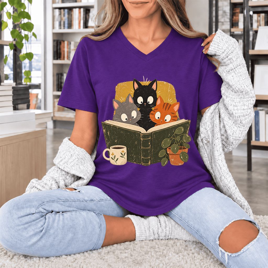 Curious Reading Cats Ultra-Soft V-Neck | Cat Lover Reader Gift Team Purple
