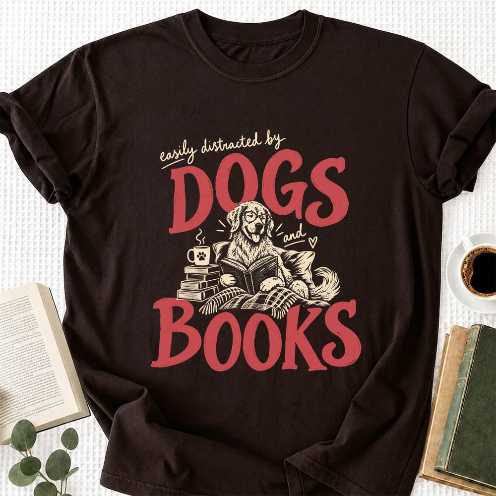 Easily Distracted By Dogs And Books Softstyle T-Shirt | Book Lover Gift Dark Chocolate