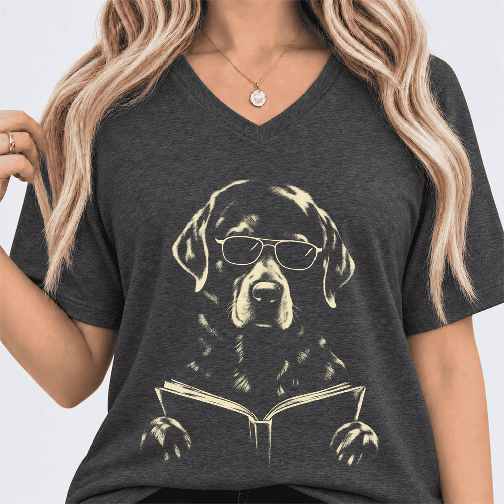Labrador Retriever Reading Book Ultra-Soft V-Neck | Dog Mom Reader Gift Dark Grey Heather