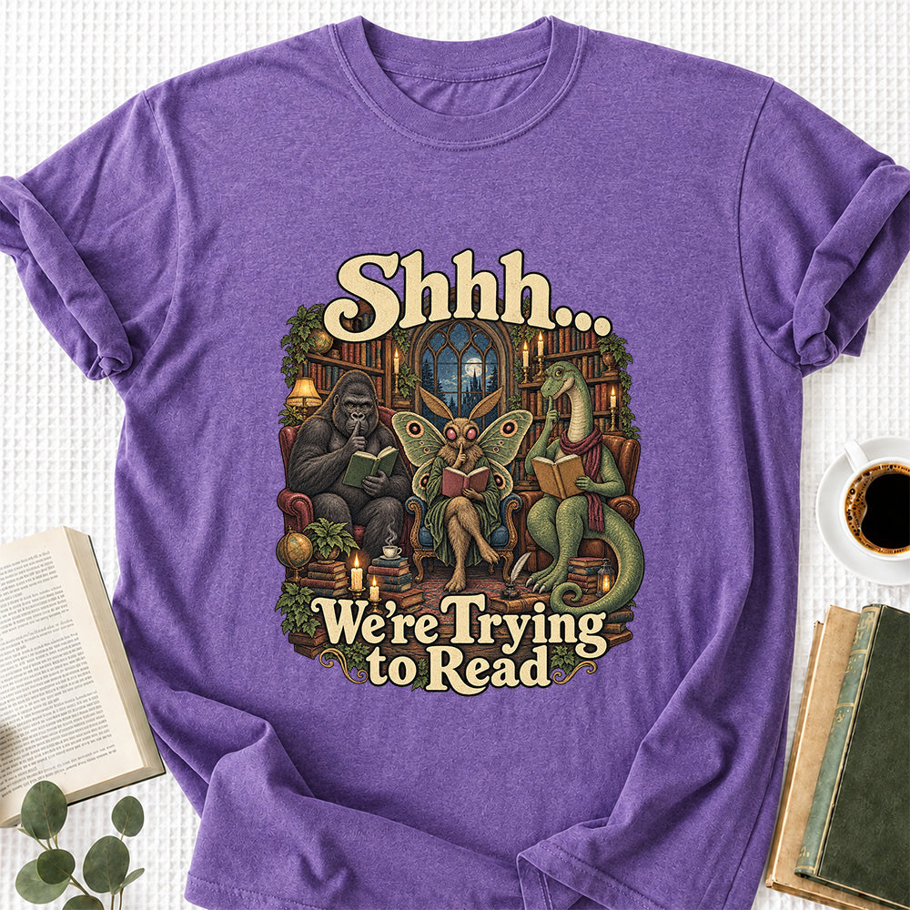 Shh... We Trying To Read Cotton T-Shirt | Midnight Reader Gift Heather Purple