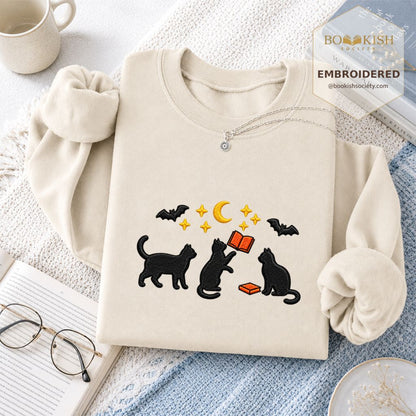 Black Cats With Books Embroidered Sweatshirt | Spooky Reader Gift Sand