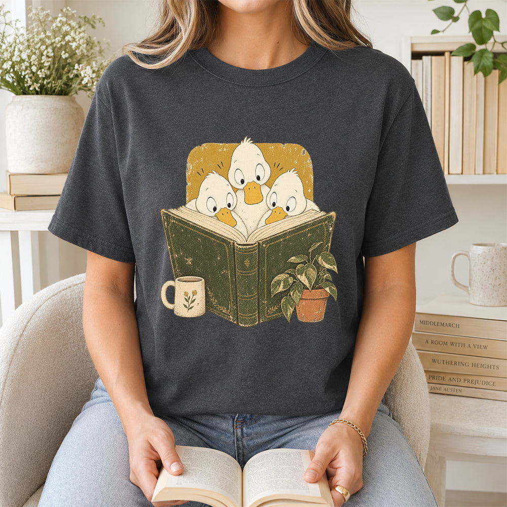 Minimal Japanese Ducks Reading Softstyle T-Shirt | Book Lover Gift Dark Heather