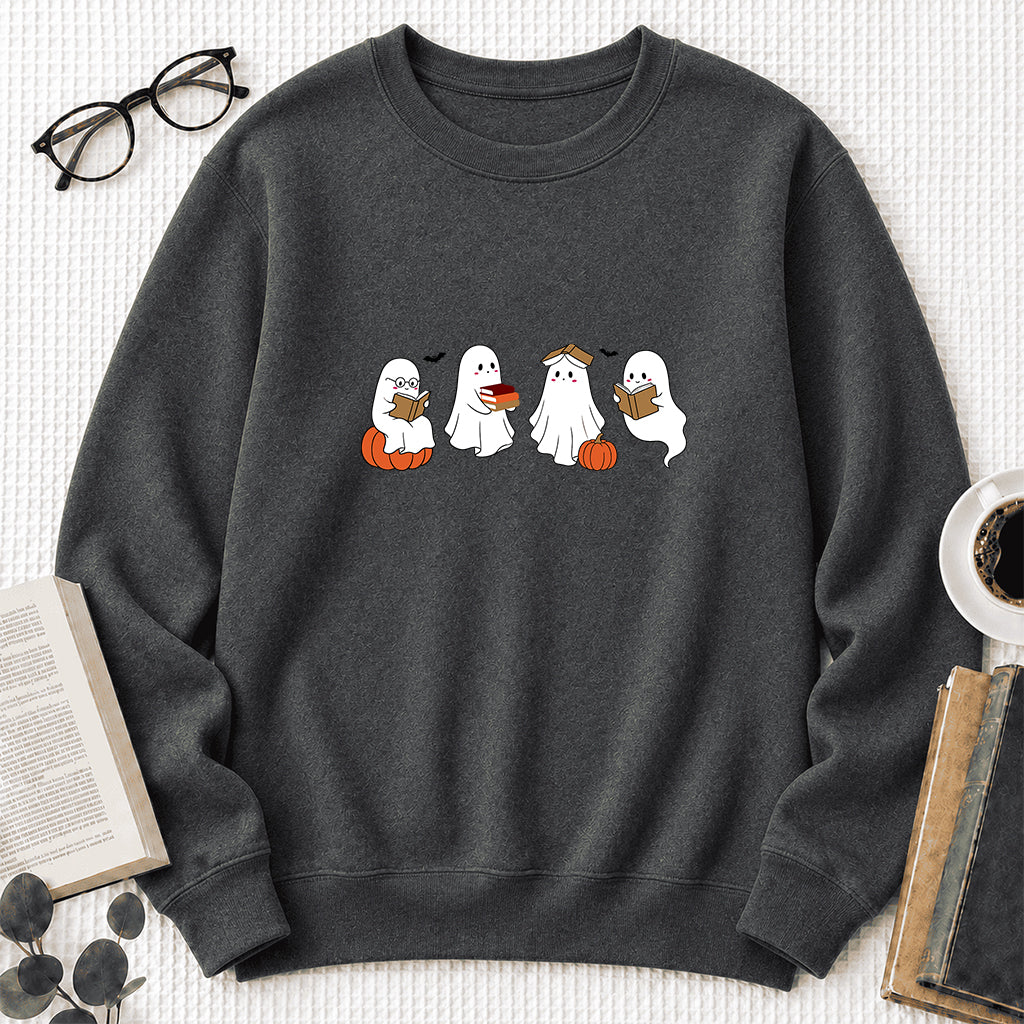 Halloween Ghosts Reading Printed Sweatshirt | Spooky Book Lover Gift Dark Heather