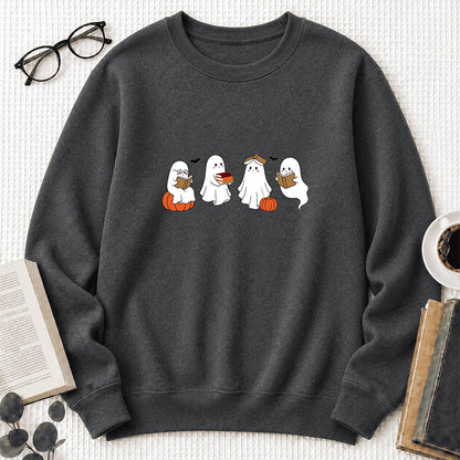 Halloween Ghosts Reading Printed Sweatshirt | Spooky Book Lover Gift Dark Heather