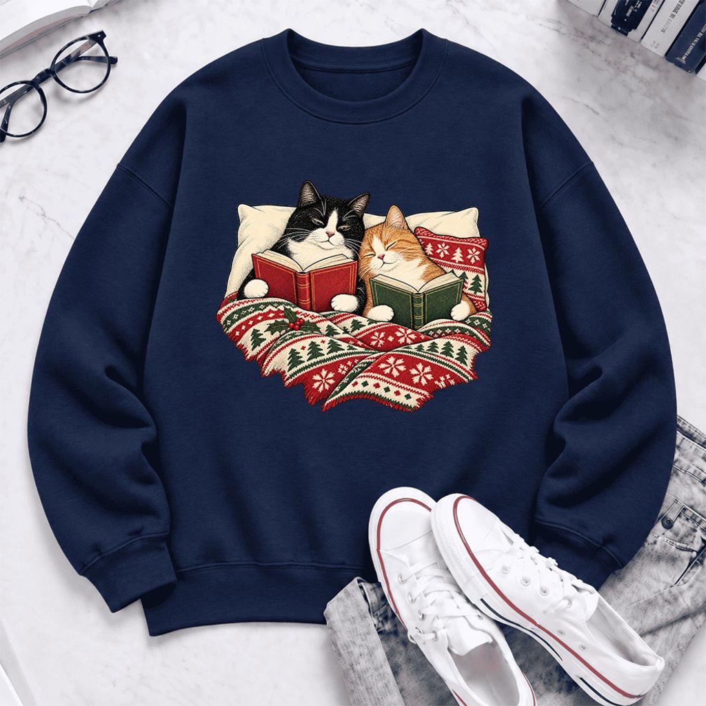Christmas Reading Cat Couple Softstyle Sweatshirt | Cozy Christmas Gift Navy