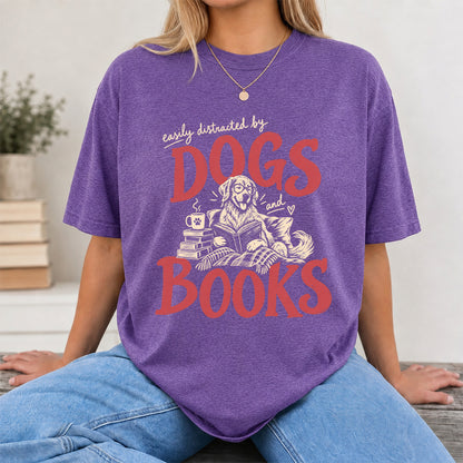 Easily Distracted By Dogs And Books Softstyle T-Shirt | Book Lover Gift Heather Purple