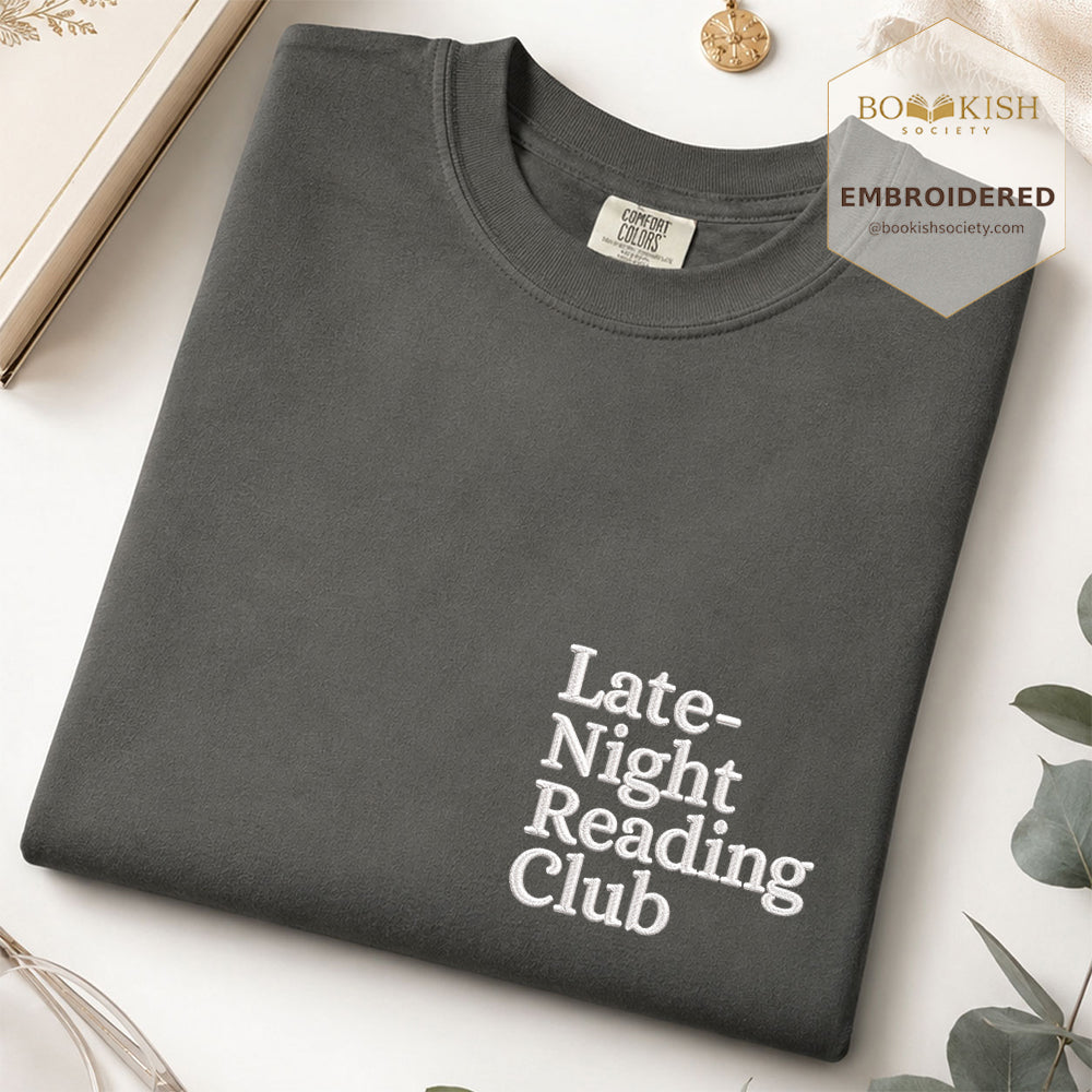 Late Night Reading Club Embroidered Comfort Color® T-shirt | Book Lover Gift Pepper