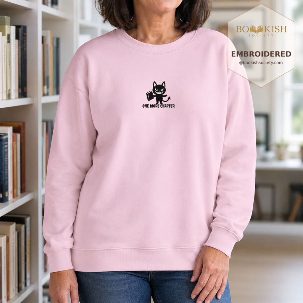One More Chapter Devil Cat Embroidered Sweatshirt | Halloween Book Lover Gift Light Pink