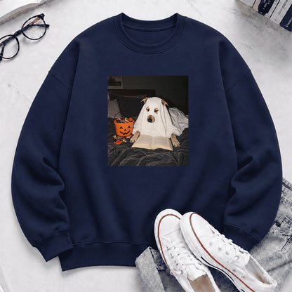 Cute Reading Ghost Dog Printed Sweatshirt | Halloween Book Lover Gift Navy