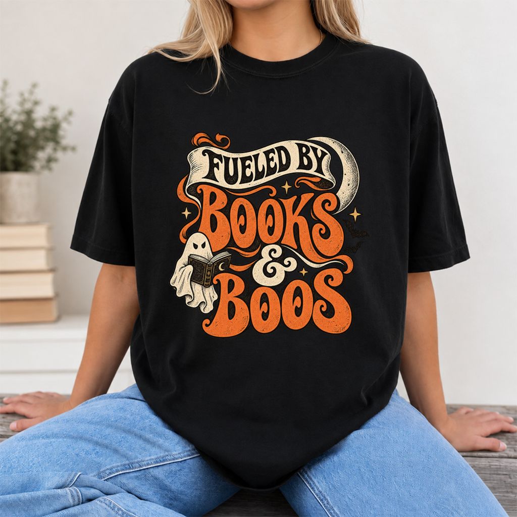 Fueled By Books & Boos Printed T-Shirt | Halloween Book Lover Gift Black