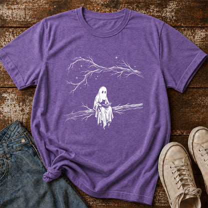 Reading Ghost With Black Cat Printed T-Shirt | Halloween Cat Lover Reader Gift Heather Purple