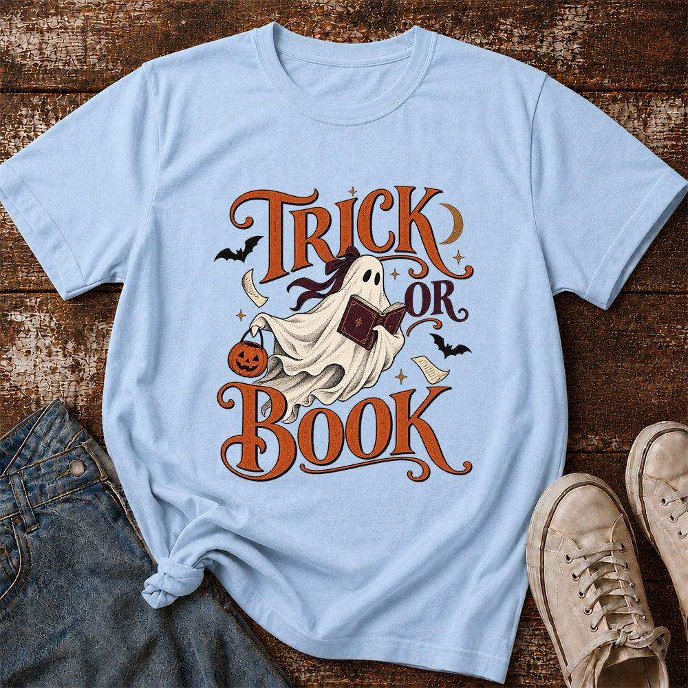 Trick Or Book Ghost Printed T-Shirt | Halloween Book Lover Gift Light Blue
