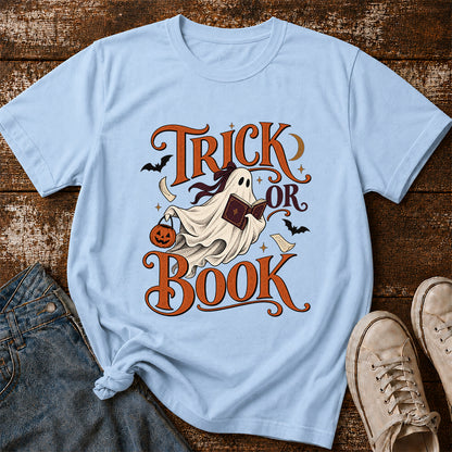 Trick Or Book Ghost Printed T-Shirt | Halloween Book Lover Gift Light Blue