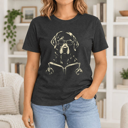 Labrador Retriever Reading Book Ultra-Soft Cotton T-Shirt | Dog Mom Reader Gift Black Heather