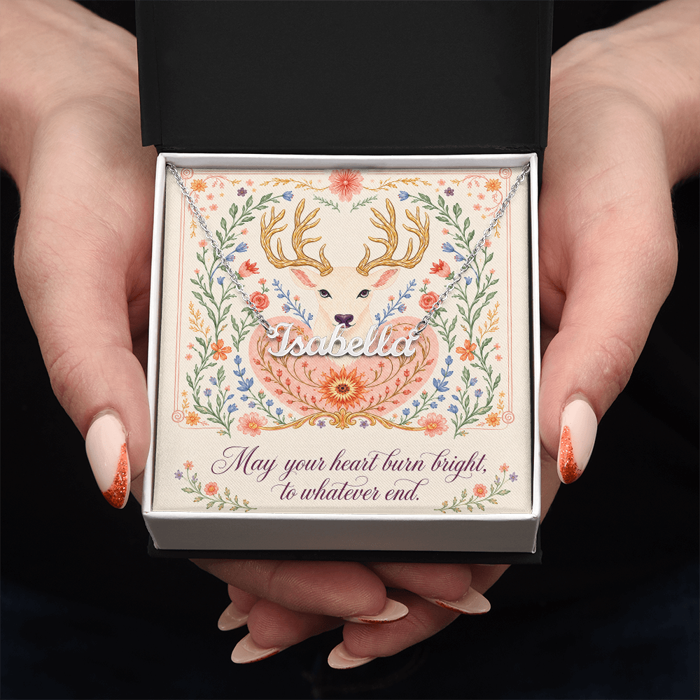May Your Heart Burn Bright Decorative Card And Custom Name Polished Stainless Steel Necklace With Box Book Lover Gift Font 1