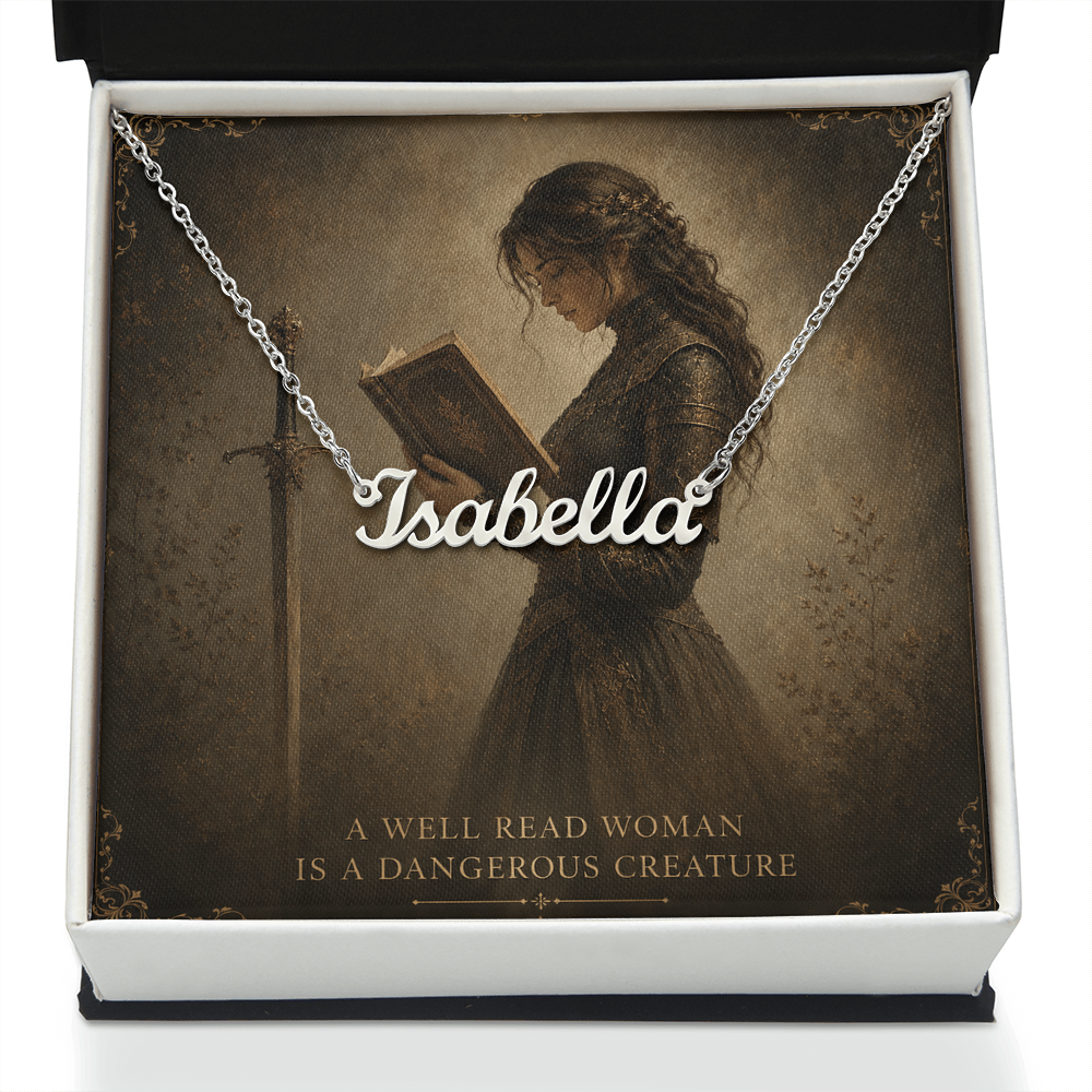 A Well Read Woman Is A Dangerous Creature Decorative Card And Custom Name Polished Stainless Steel Necklace With Box Book Lover Gift Font 1