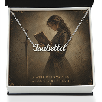 A Well Read Woman Is A Dangerous Creature Decorative Card And Custom Name Polished Stainless Steel Necklace With Box Book Lover Gift Font 1