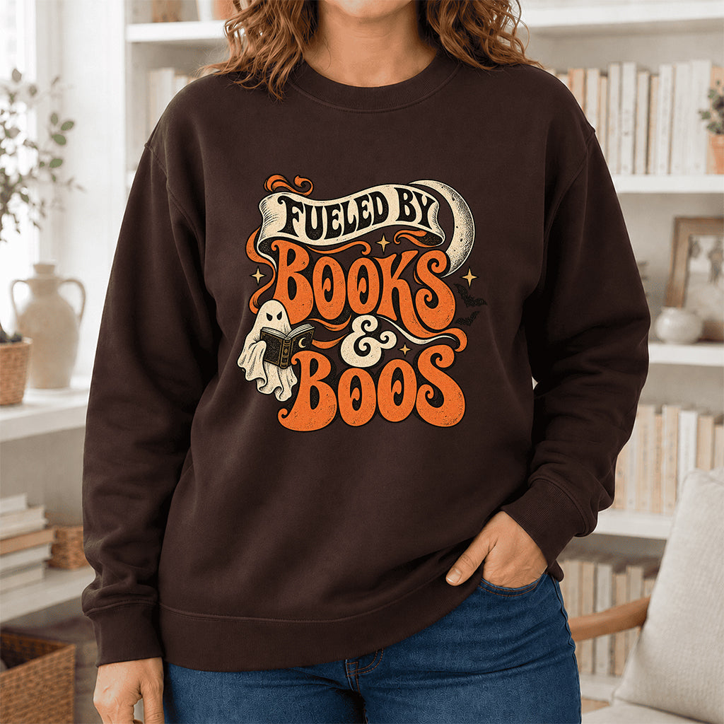 Fueled By Books & Boos Printed Sweatshirt | Halloween Book Lover Gift Dark Chocolate