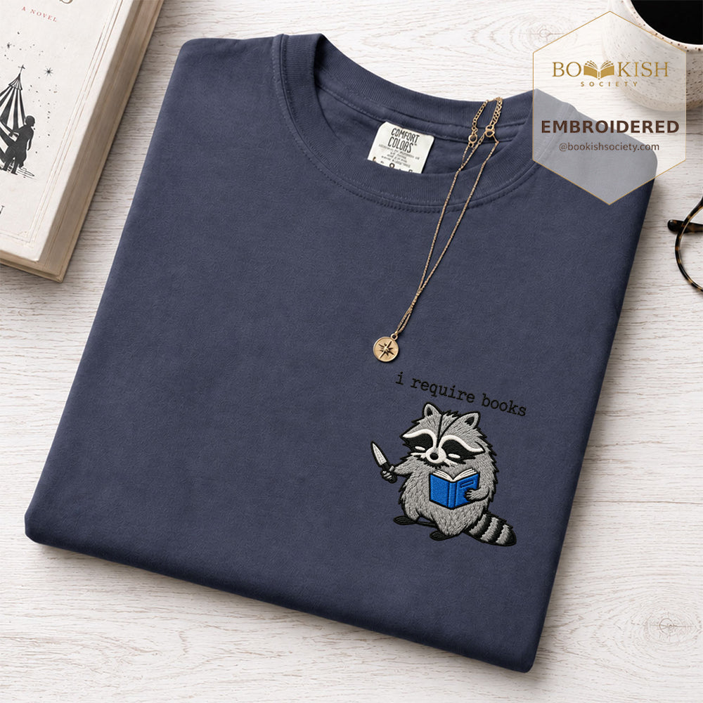 Embroidered I Require Books Comfort Color® T-shirt Book Lover Gift Denim