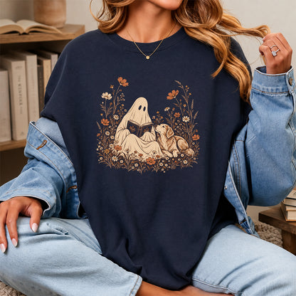 Ghost Wildflowers With Book And Golden Retriever Printed T-Shirt | Halloween Dog Lover Gift Navy