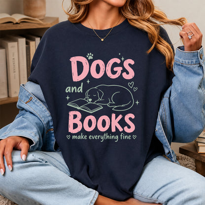 Dogs And Books Make Everything Fine Cotton T-Shirt | Dog Lover & Reader Gift Navy