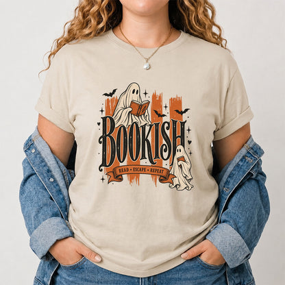 Bookish Read Escape Repeat Printed T-Shirt | Halloween Book Lover Gift Sand