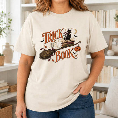 Trick Or Book Black Cat Printed T-Shirt | Halloween Book Lover Gift Natural