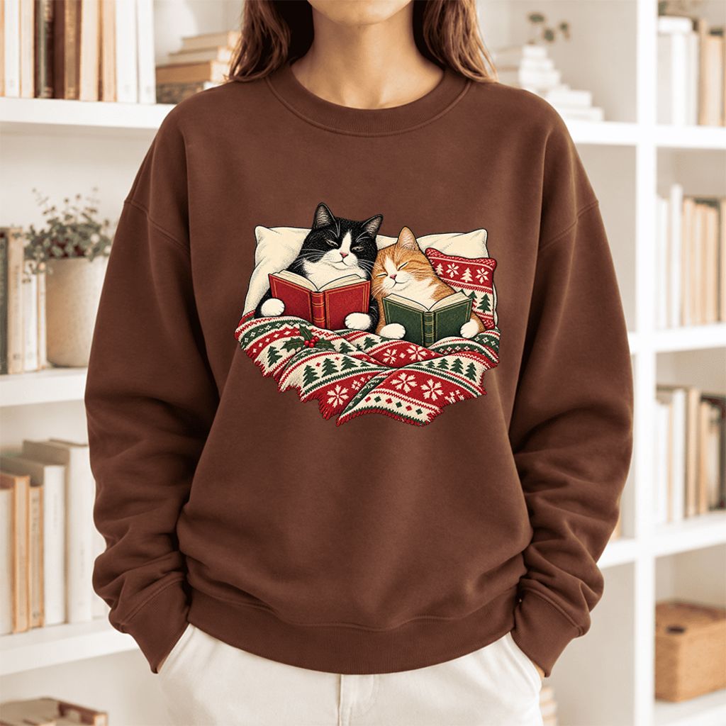 Christmas Reading Cat Couple Softstyle Sweatshirt | Cozy Christmas Gift Cocoa