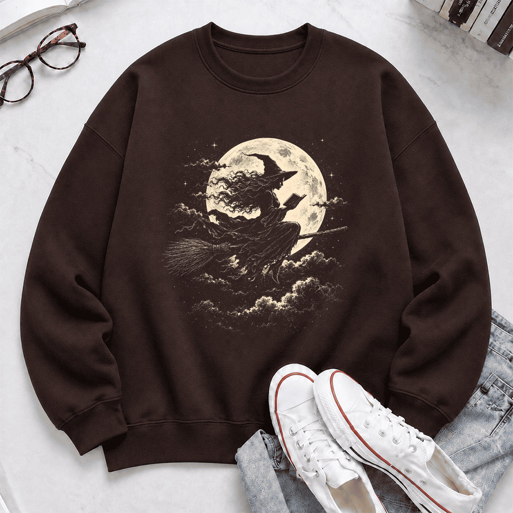 Reading Witch On The Flying Broom Printed Sweatshirt | Halloween Reader Gift Dark Chocolate