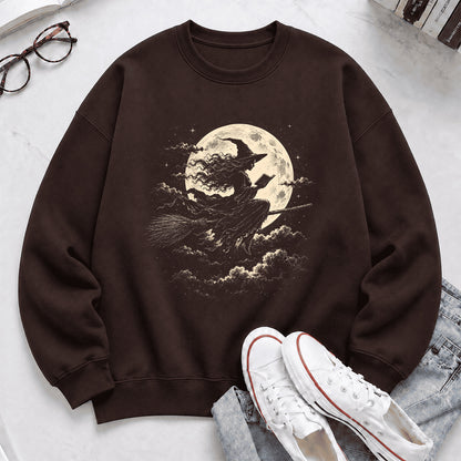 Reading Witch On The Flying Broom Printed Sweatshirt | Halloween Reader Gift Dark Chocolate