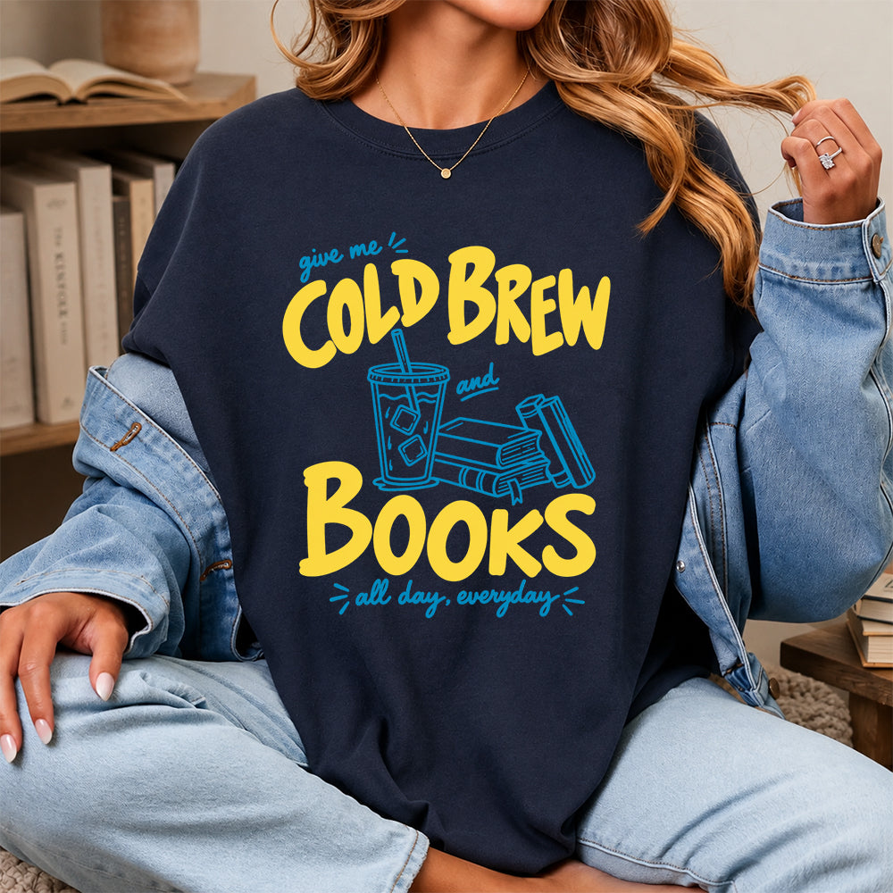 Give Me Cold Brew And Books Softstyle T-Shirt | Book Lover Gift Navy