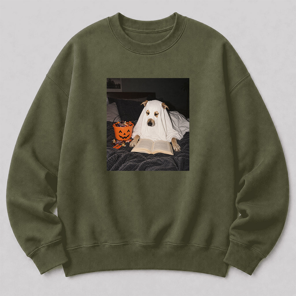 Cute Reading Ghost Dog Printed Sweatshirt | Halloween Book Lover Gift Military Green